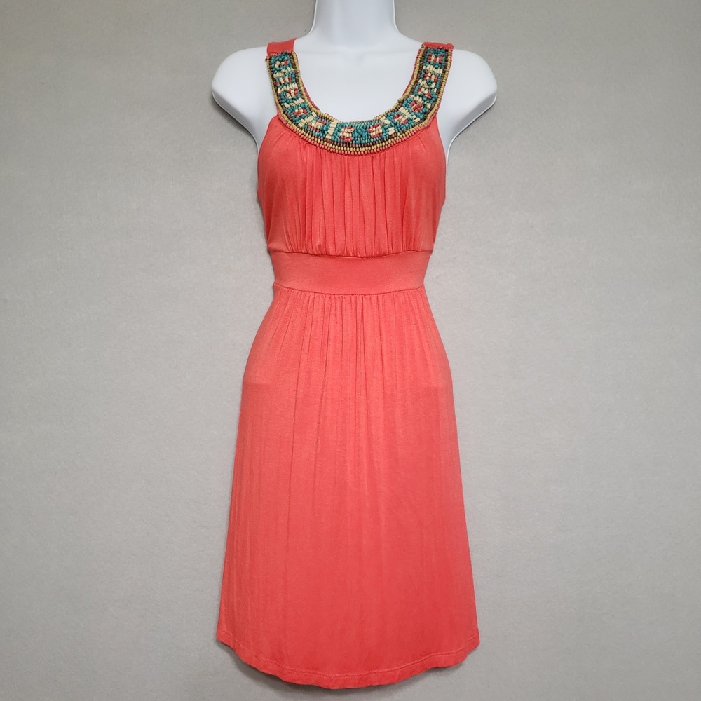 Soprano Beaded Dress M Fit & Flare Coral Scoop Neck Pleated Bodice Boho Festival